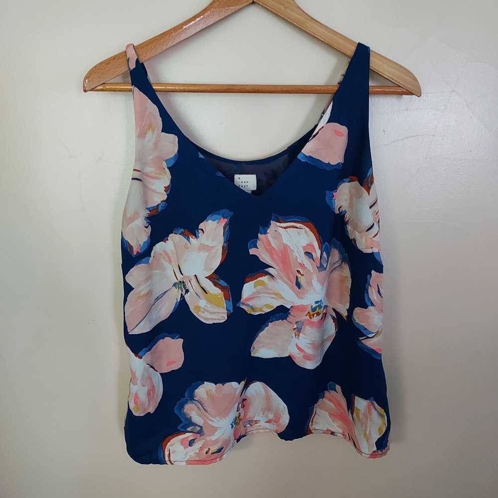 Tropical Navy Blue Pink Floral Chiffon V-Neck Camisole Tank Top M Coastal